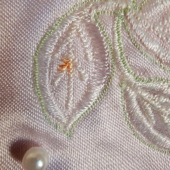 Vintage Pink Satin Nightgown With Embroidered Floral & Pearls Details Size M - Picture 5 of 16